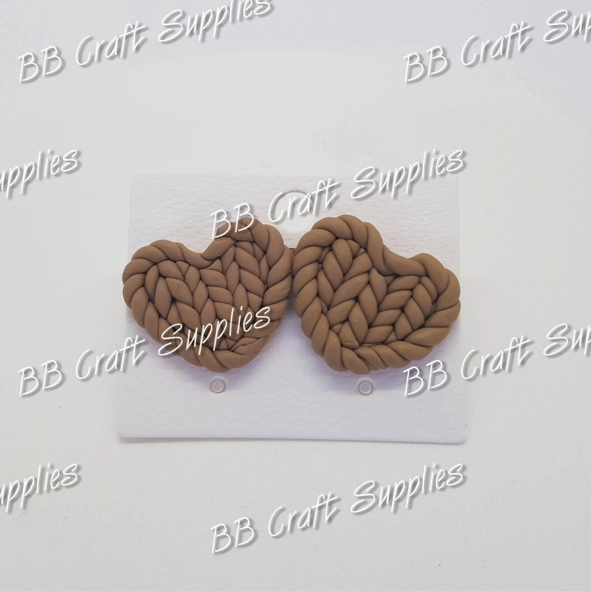 Handmade Braided Polymer Clay Heart Earrings Tan - earing, handmade, heart, Polymer Clay Heart Earrings, tan - Bare Butler Faux Leather Supplies 