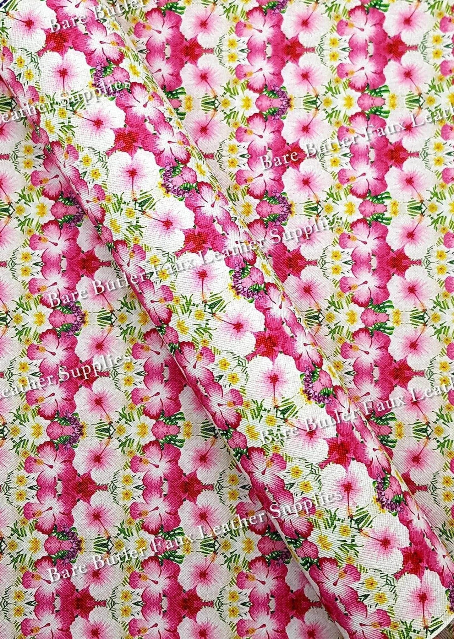 Hardy Hibiscus Faux Leather - Faux, Faux Leather, floral, Florals, flower, Flowers, Hibiscus, Leather, leatherette, Summer, tropical - Bare Butler Faux Leather Supplies 