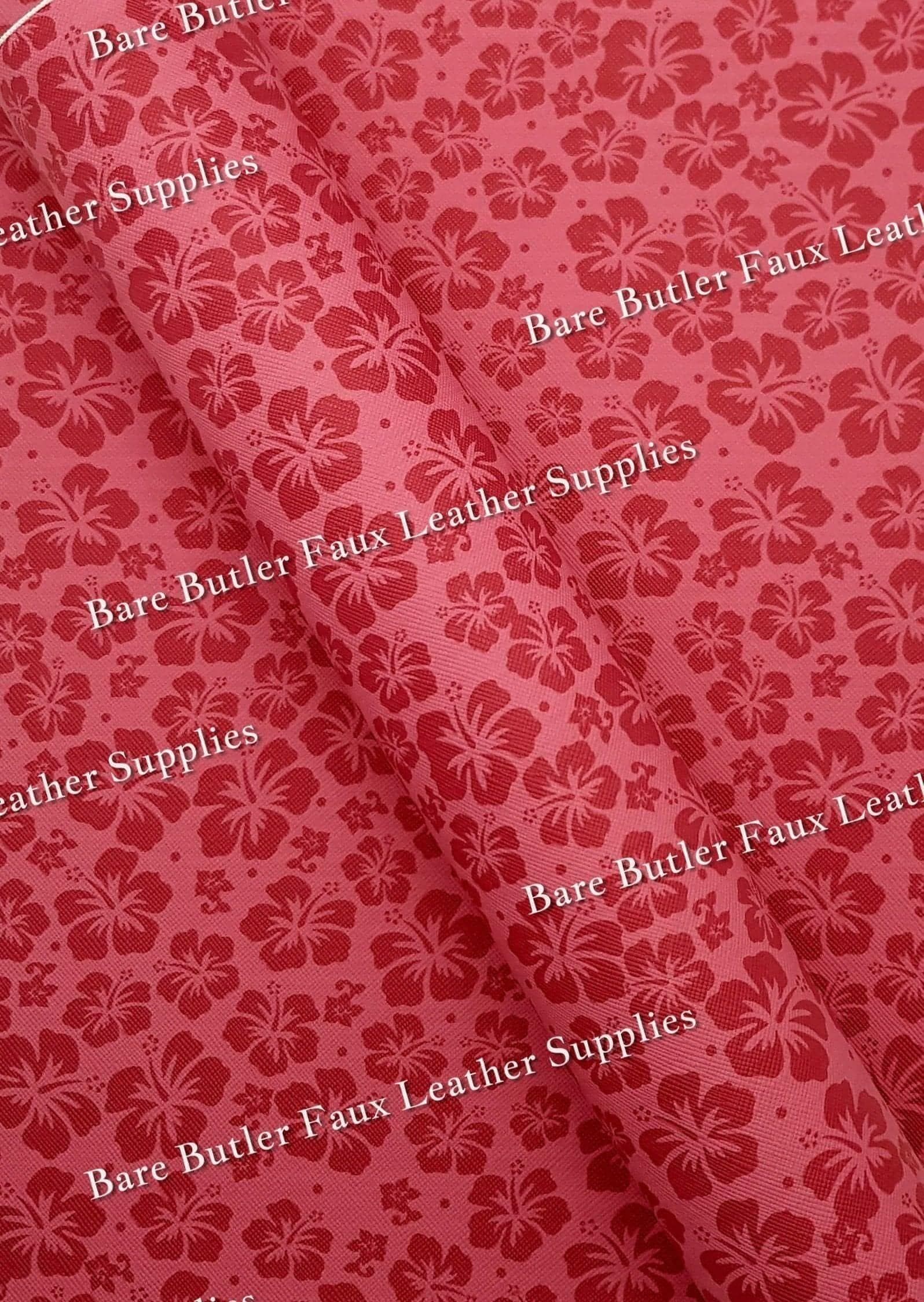 Hibiscus Flower Red Faux Leather - Faux, Faux Leather, floral, Flower, hibiscus, Leather, leatherette, red, tropical - Bare Butler Faux Leather Supplies 
