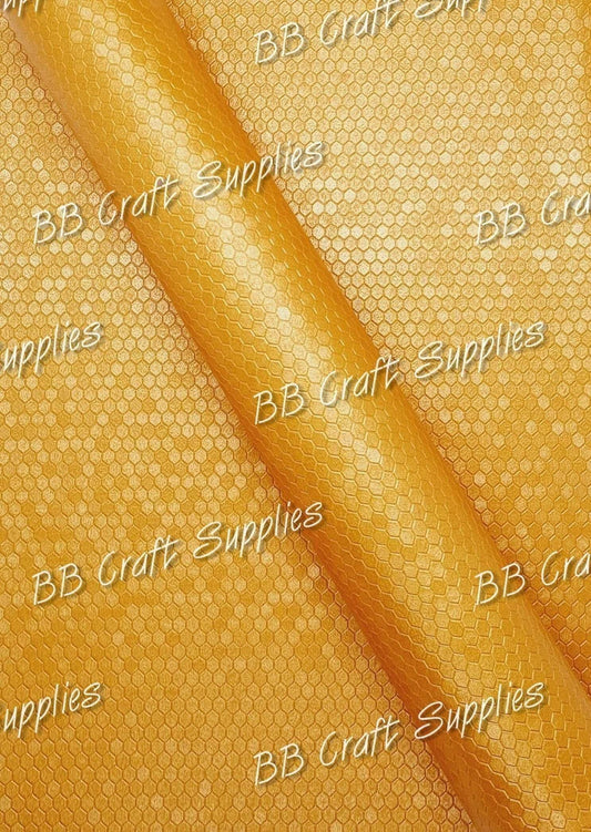 Honey Yellow Embossed Honeycomb - embossed, Faux, Faux Leather, Honeycomb, Leather, leatherette, metallic, shimmer, shine - Bare Butler Faux Leather Supplies 