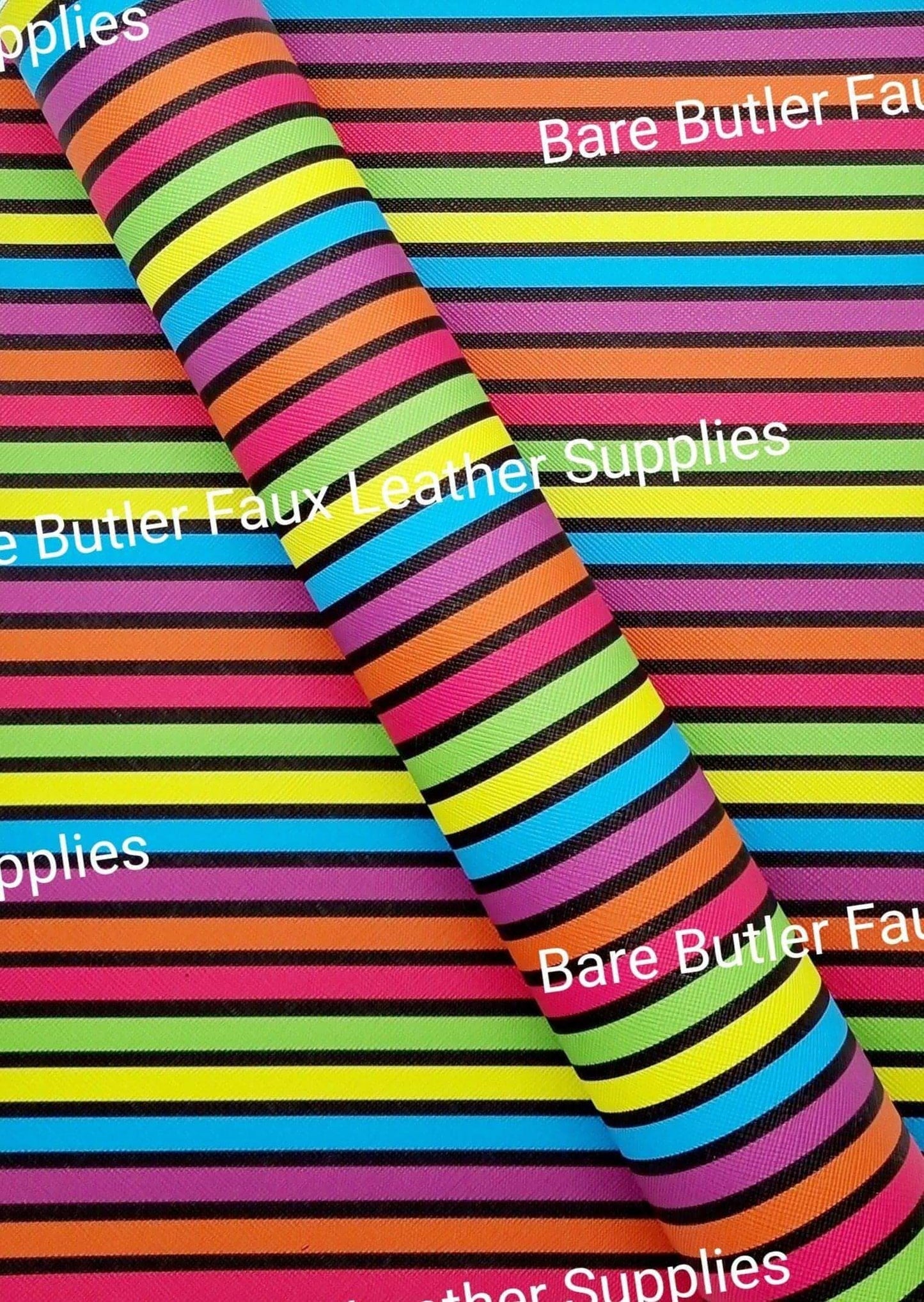 Horizontal Rainbow Stripes Faux Leather - bright, colour, Fabric, Faux, Faux Leather, Leather, leatherette, Litchi, stripe - Bare Butler Faux Leather Supplies 