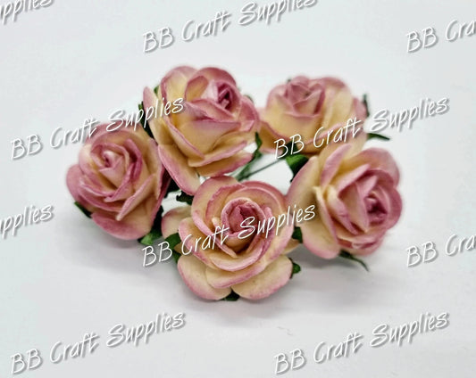 Mini Roses Cream/Violet tips 5 Pack - cream, Embelishment, Flower, mini, Mulburry, mullberry, rose, violet - Bare Butler Faux Leather Supplies 