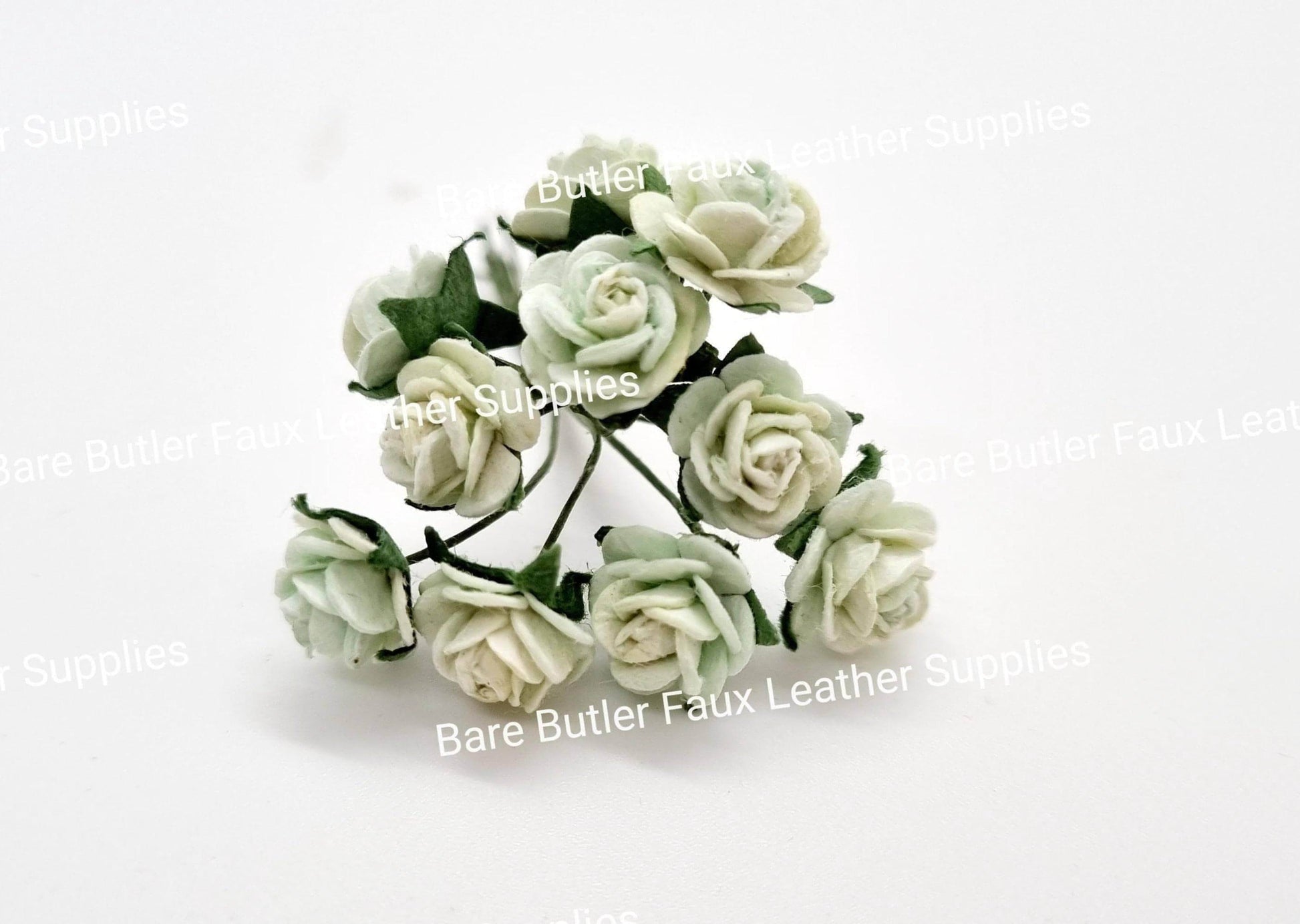 Mini Roses Mint 10 Pack - Embelishment, Flower, mint, Mulburry, mullberry, rose - Bare Butler Faux Leather Supplies 