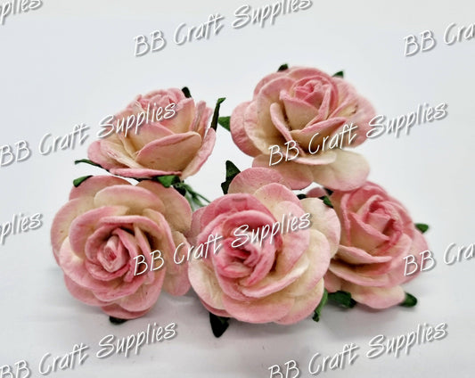 Mini Roses Pink/Pink tips 5 Pack - Embelishment, Flower, mini, Mulburry, mullberry, pink, rose - Bare Butler Faux Leather Supplies 