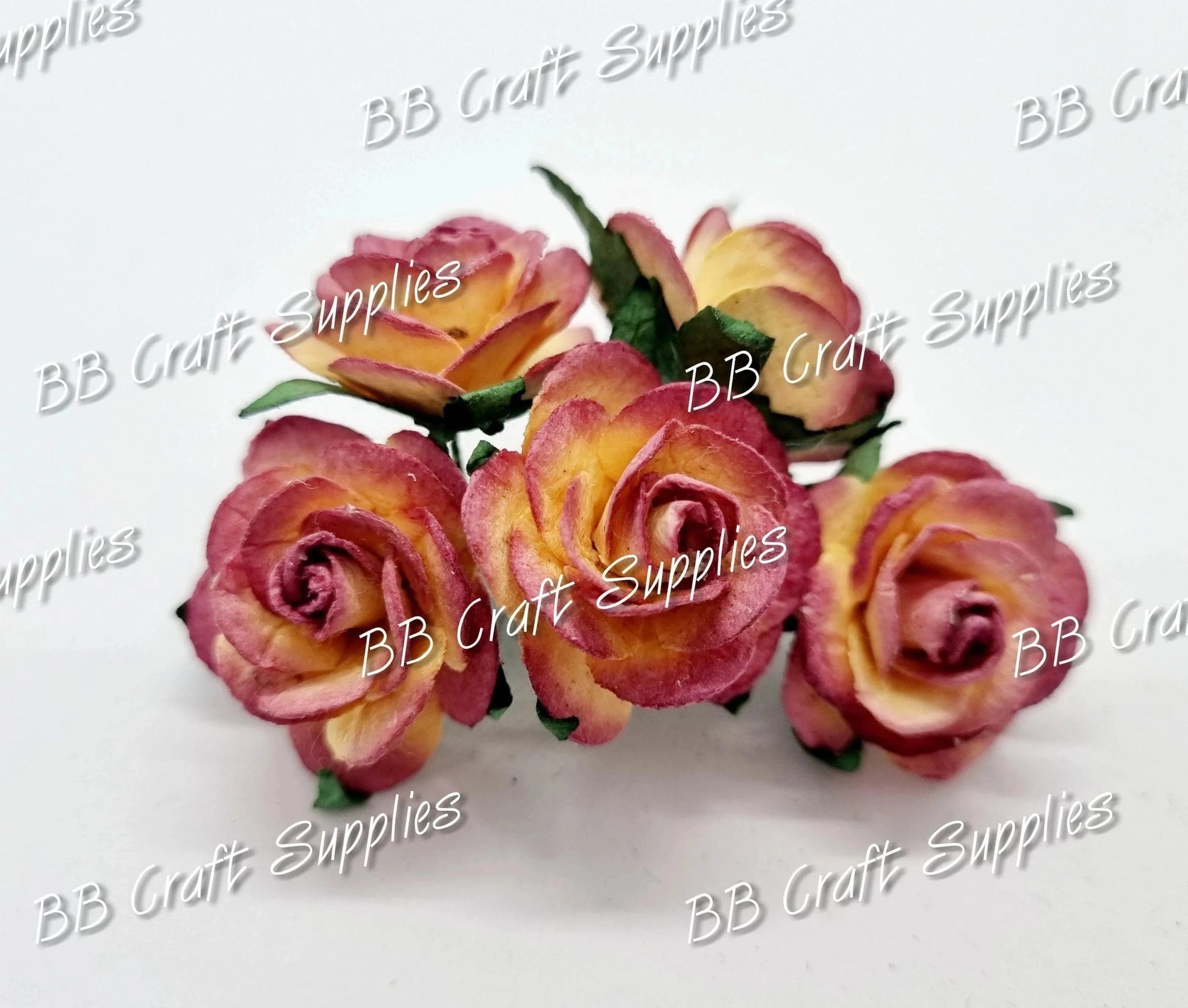 Mini Roses Yellow/Berry tips 5 Pack - berry, Embelishment, Flower, mini, Mulburry, mullberry, rose, yellow - Bare Butler Faux Leather Supplies 