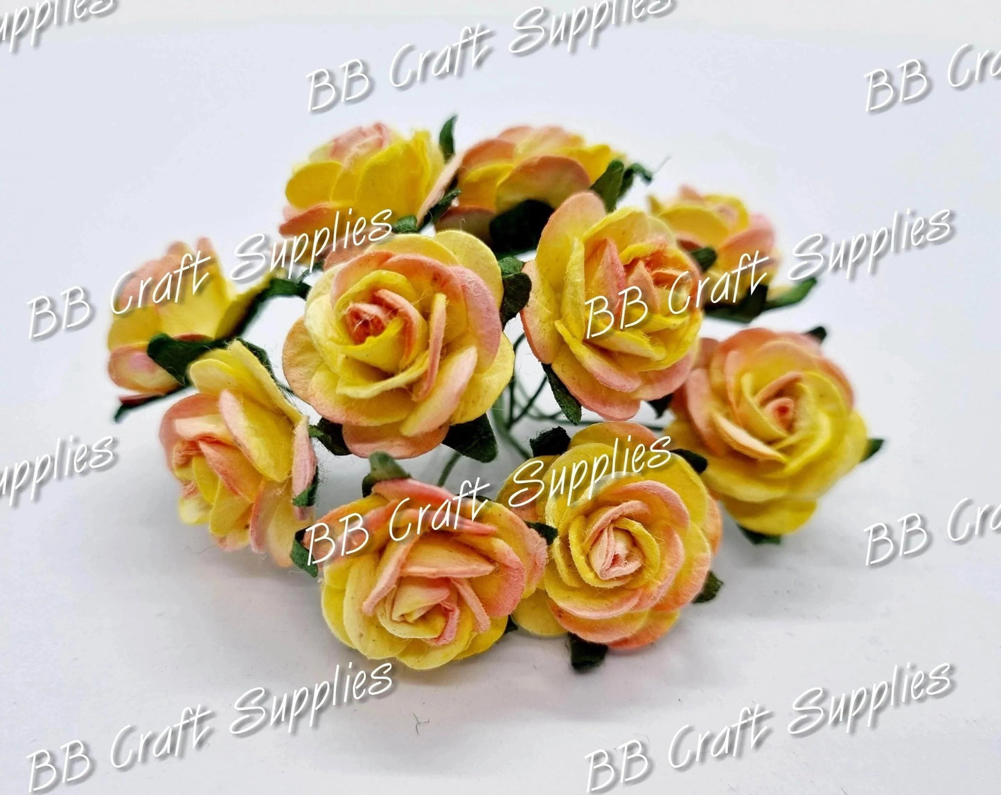 Mini Roses Yellow/Pink tips 10 Pack - Embelishment, Flower, mini, Mulburry, mullberry, pink, rose, yellow - Bare Butler Faux Leather Supplies 