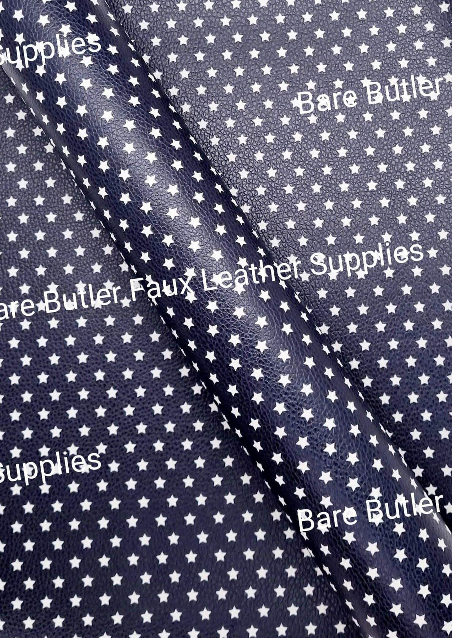 Navy Blue & White Stars Litchi - Fabric, Faux, Faux Leather, Leather, leatherette, Litchi - Bare Butler Faux Leather Supplies 