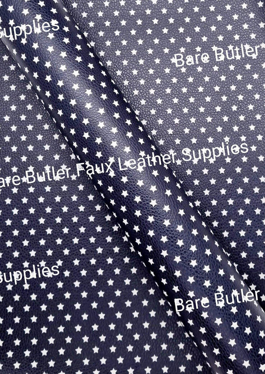 Navy Blue & White Stars Litchi - Fabric, Faux, Faux Leather, Leather, leatherette, Litchi - Bare Butler Faux Leather Supplies 