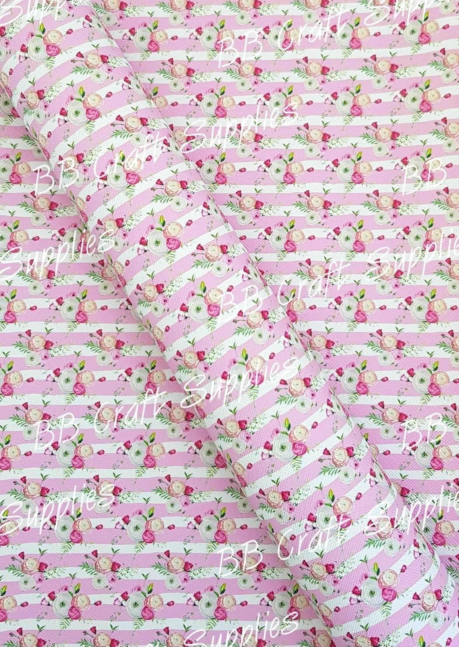 Pink & White Stripe Florals Faux Leather - Faux, Faux Leather, florals, Leather, leatherette, Pink, stripe, White - Bare Butler Faux Leather Supplies 
