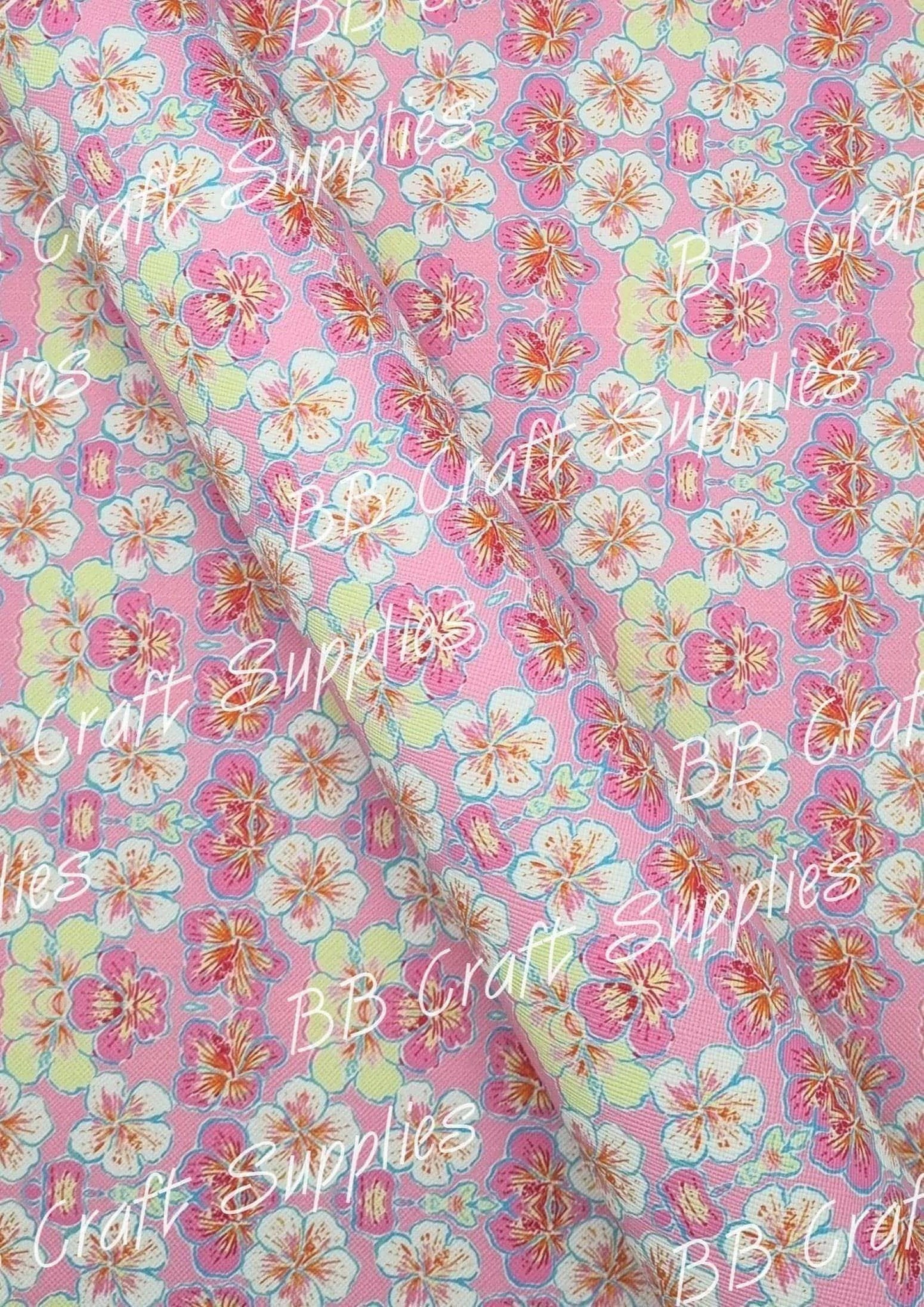 Pink & Yellow Hibiscus Faux Leather - Faux, Faux Leather, floral, Flower, hibiscus, Leather, leatherette, pink & Yellow, tropical - Bare Butler Faux Leather Supplies 