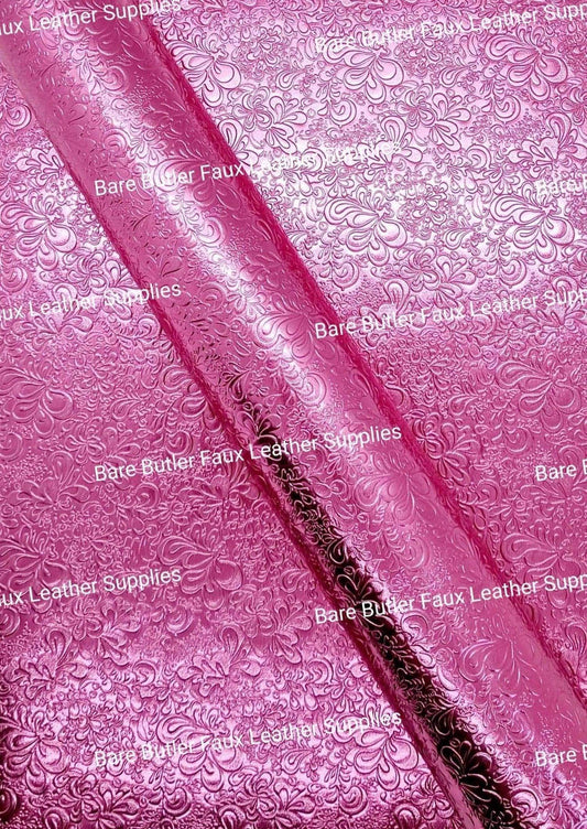Pink Embossed Metallic Florals - embossed, Faux, Faux Leather, Floral, Leather, leatherette, metallic, pink, Whats new - Bare Butler Faux Leather Supplies 