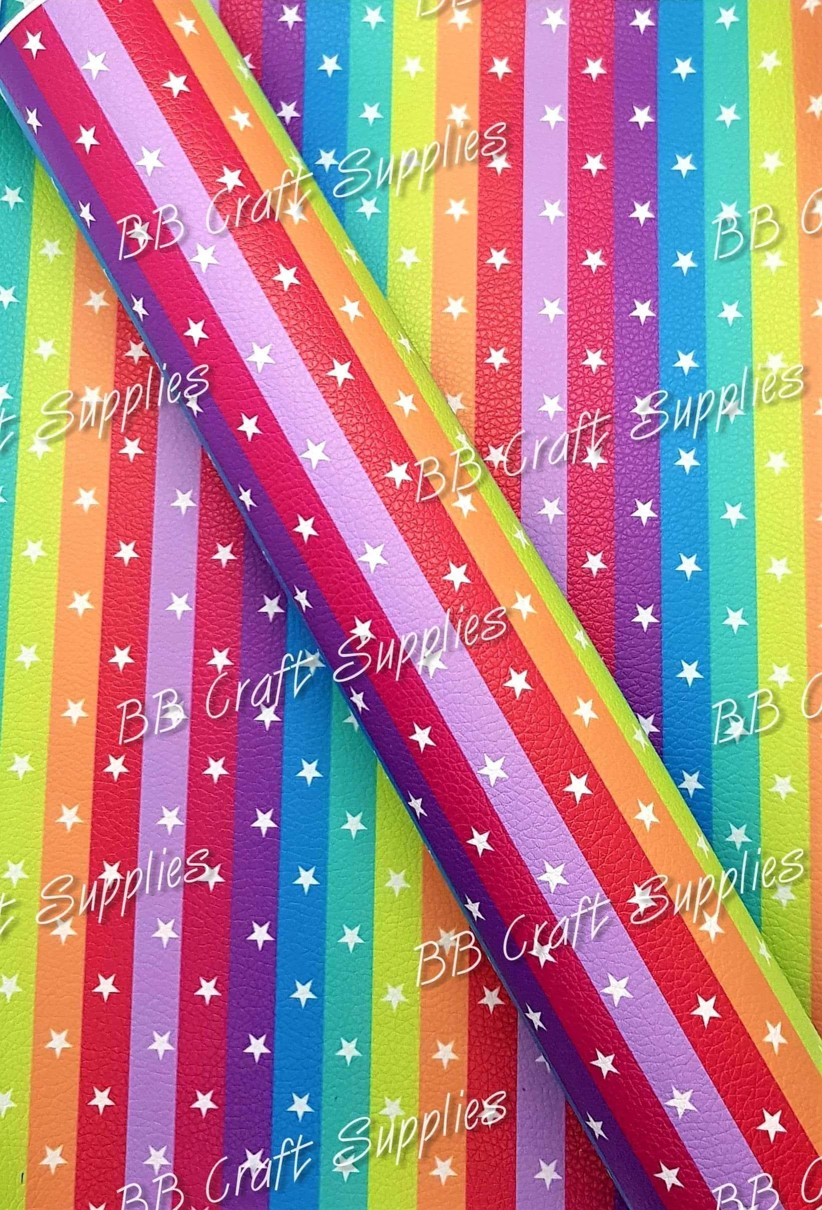 Rainbow Stars Litchi - Faux, Faux Leather, Leather, leatherette, Litchi, Rainbow, Rainbows, Star, starry, Stars - Bare Butler Faux Leather Supplies 