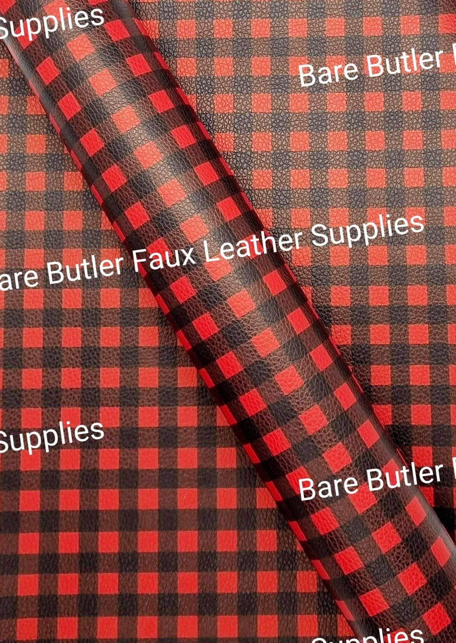 Red & Black Plaid Litchi - Fabric, Faux, Faux Leather, Leather, leatherette, Litchi - Bare Butler Faux Leather Supplies 