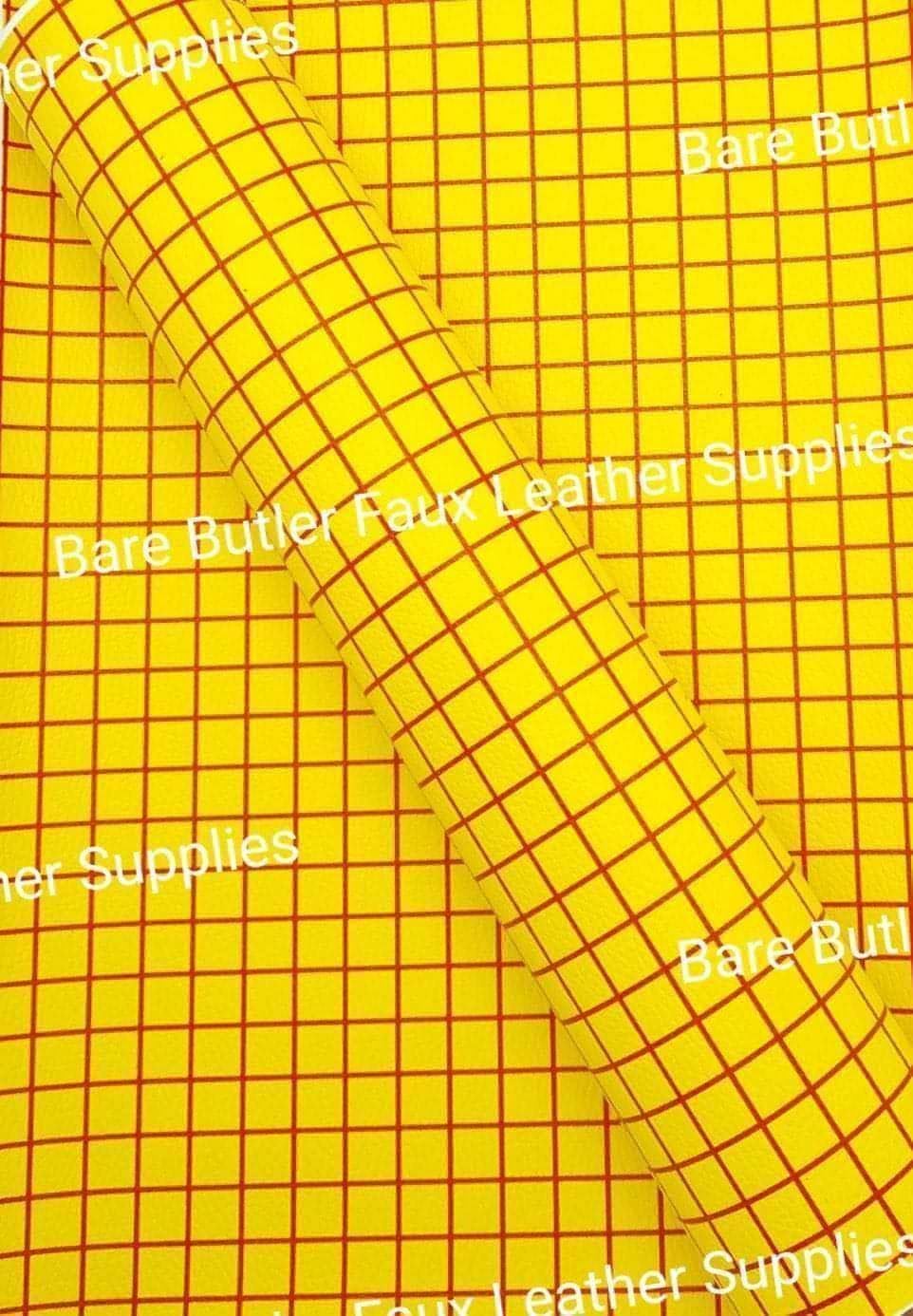 Red & Yellow Checks Litchi - Faux, Faux Leather, Leather, leatherette, sherif, toy story, woody - Bare Butler Faux Leather Supplies 