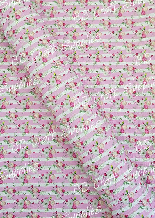 Roll -  Pink & White Stripe Florals - Animal, Bee, Faux, Faux Leather, Roll - Bare Butler Faux Leather Supplies 