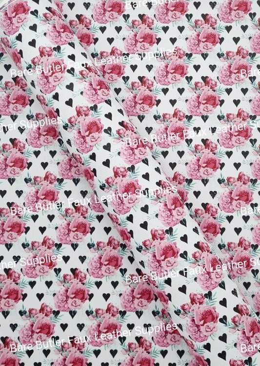Roses & Hearts Faux Leather - Alice, Alice in wonderland, colourful, Faux, Faux Leather, flower, Leather, leatherette, Litchi, Queen, queen of hearts - Bare Butler Faux Leather Supplies 