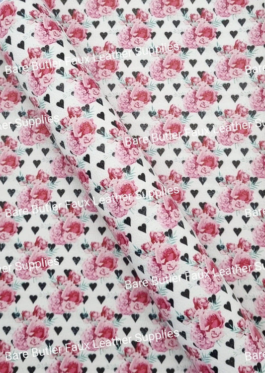 Roses & Hearts Litchi - Alice, Alice in wonderland, colourful, Faux, Faux Leather, flower, Leather, leatherette, Litchi, Queen, queen of hearts - Bare Butler Faux Leather Supplies 