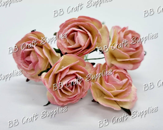 Roses Ivory/Pink tips 5 Pack - Embelishment, Flower, ivory, Mulburry, mullberry, pink, rose - Bare Butler Faux Leather Supplies 