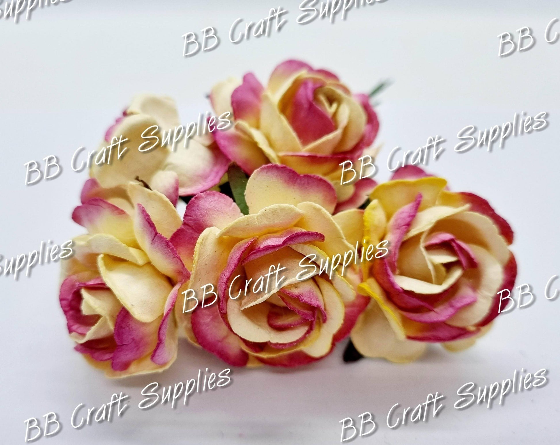 Roses Yellow/Pink Tips 5 Pack - Embelishment, Flower, Mulburry, mullberry, pink, rose, yellow - Bare Butler Faux Leather Supplies 