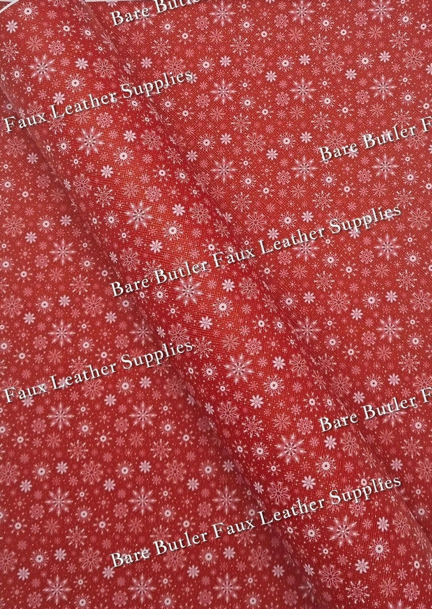 Snowflakes Red Faux Leather - christmas, Faux, Faux Leather, Gnome, Gnomes, ho ho ho, Leather, leatherette, Litchi, Red, santa, snowflake, Snowflakes - Bare Butler Faux Leather Supplies 